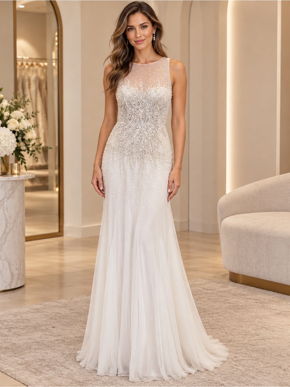 Adrianna Papell Ivory Beaded Illusion Neck Evening Gown